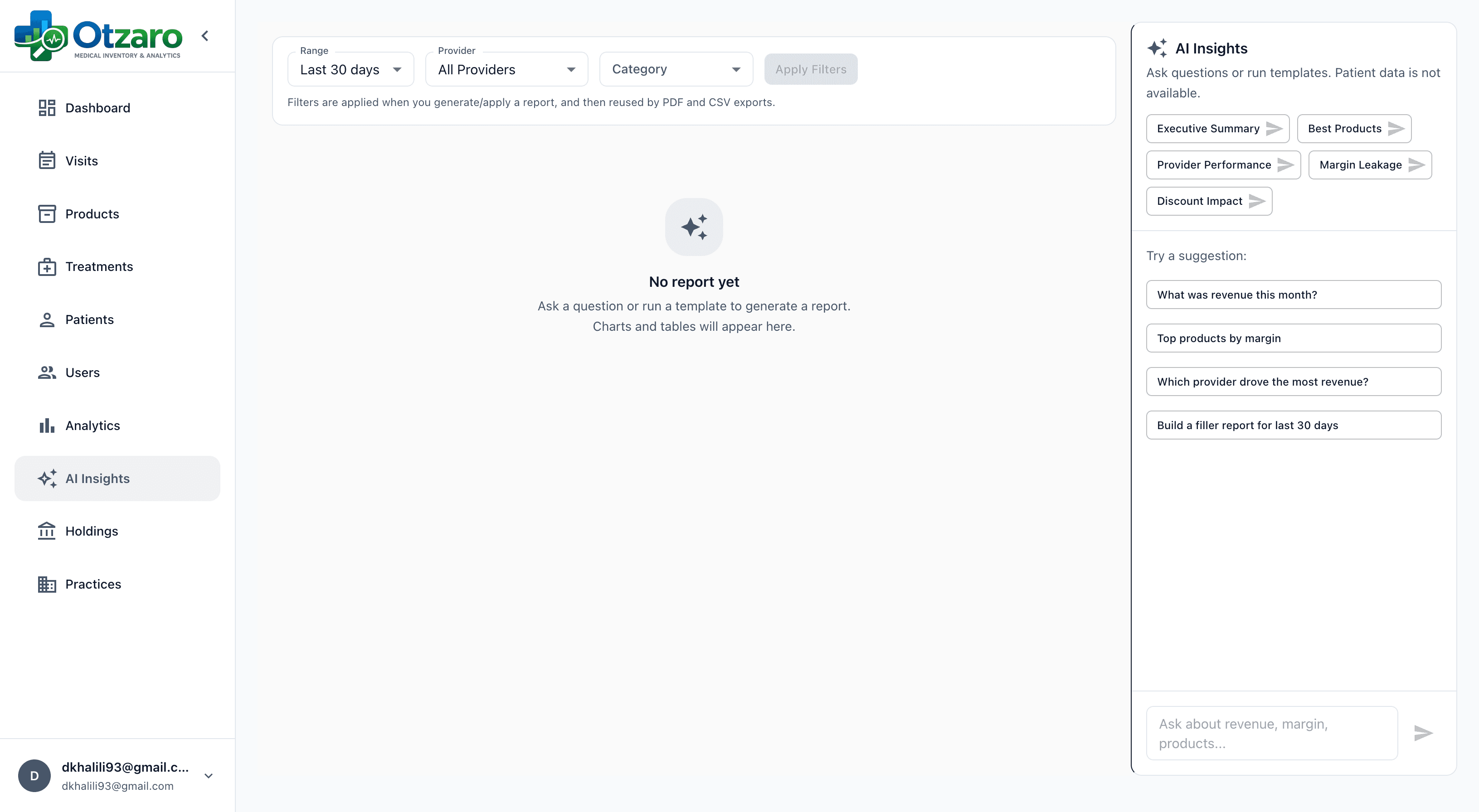 Otzaro AI analytics screen showing insights and analytics assistant interface
