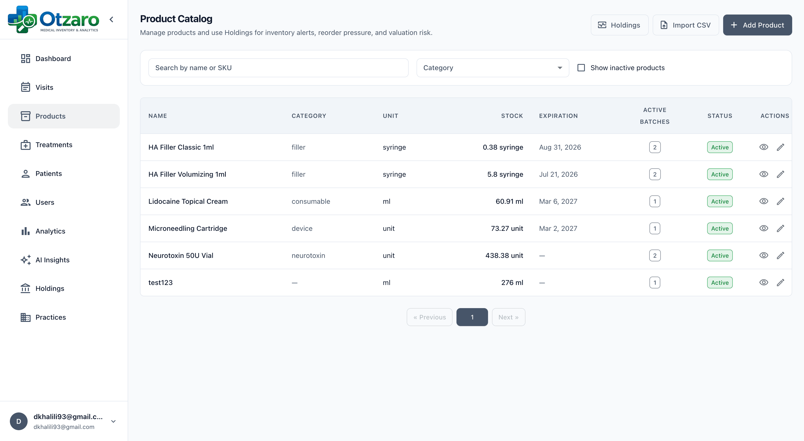 Otzaro products and inventory screen showing batch tracking, lot numbers, and stock levels