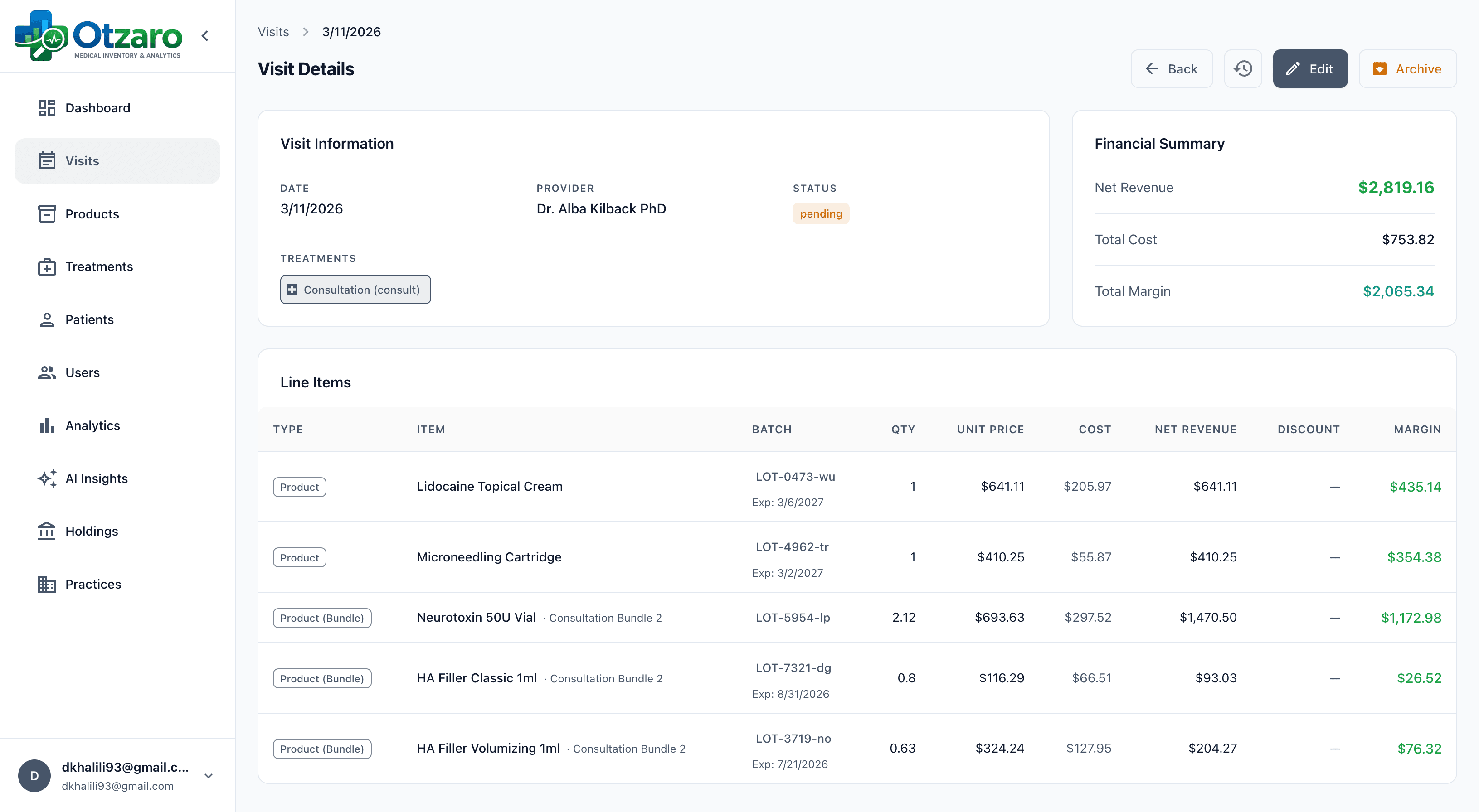 Otzaro visit detail screen showing patient, provider, treatments, line items, totals, and actions